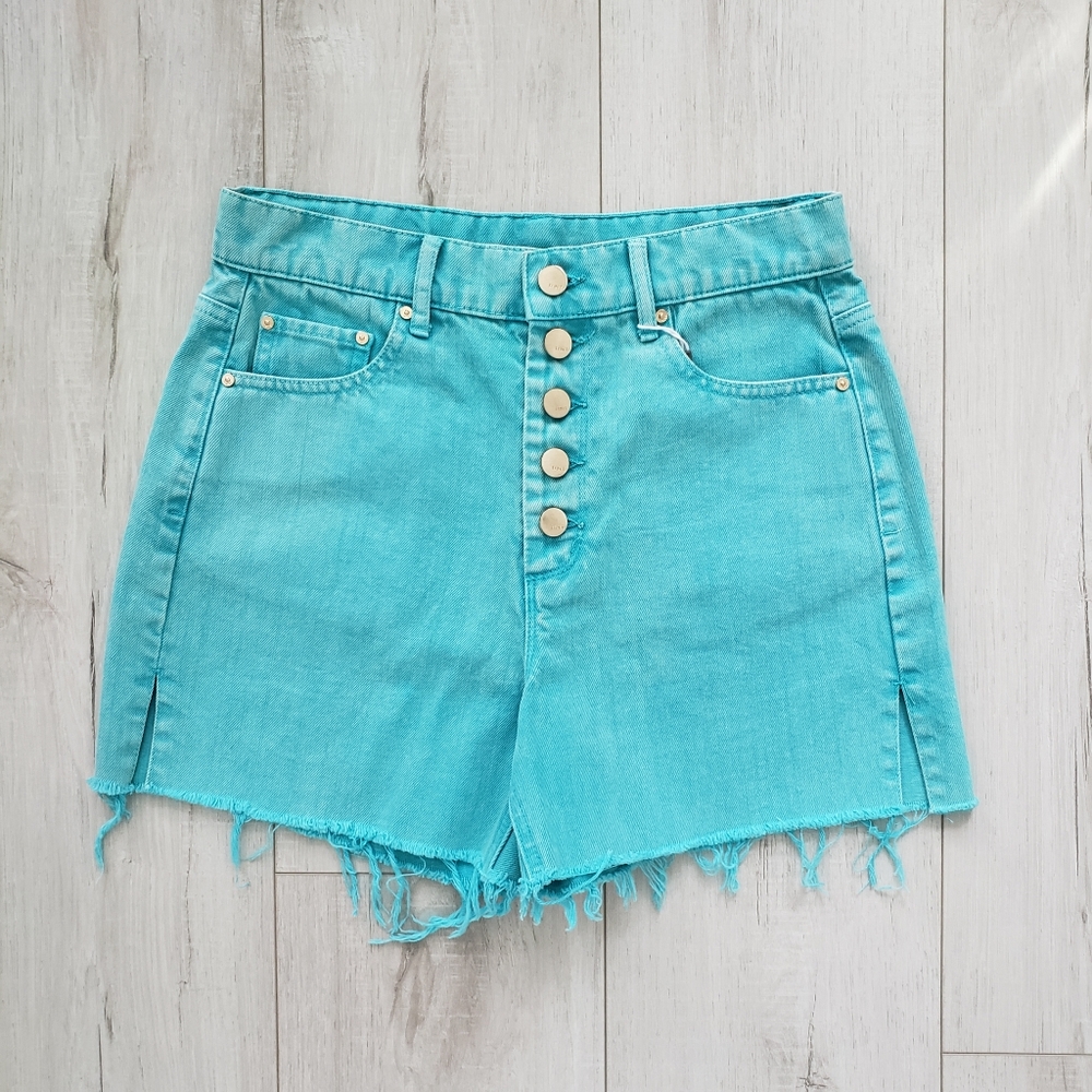 Women High Rise Summer Denim Jeans Shorts with Side Slit Size 26 Aqua Blue NWOT